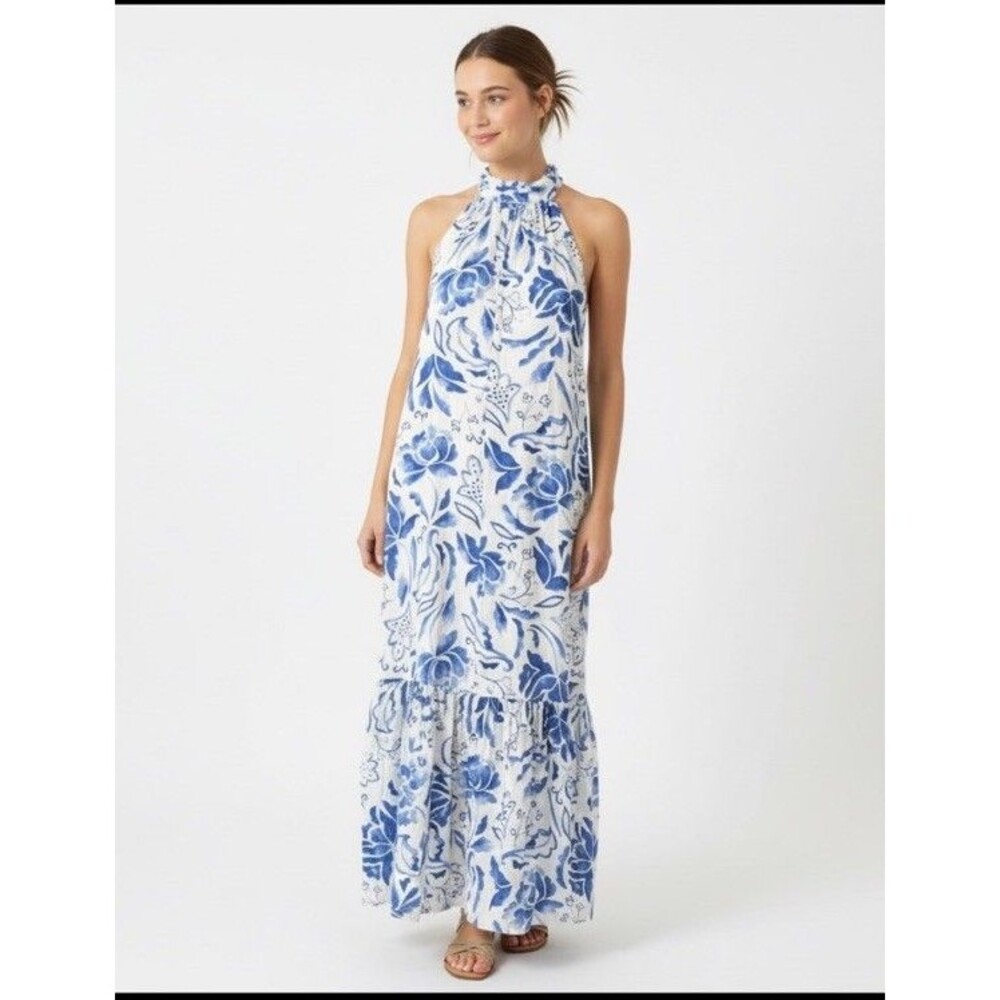 1.State Wedding Guest Dress Floral Watercolor Tie Neck Sz XS